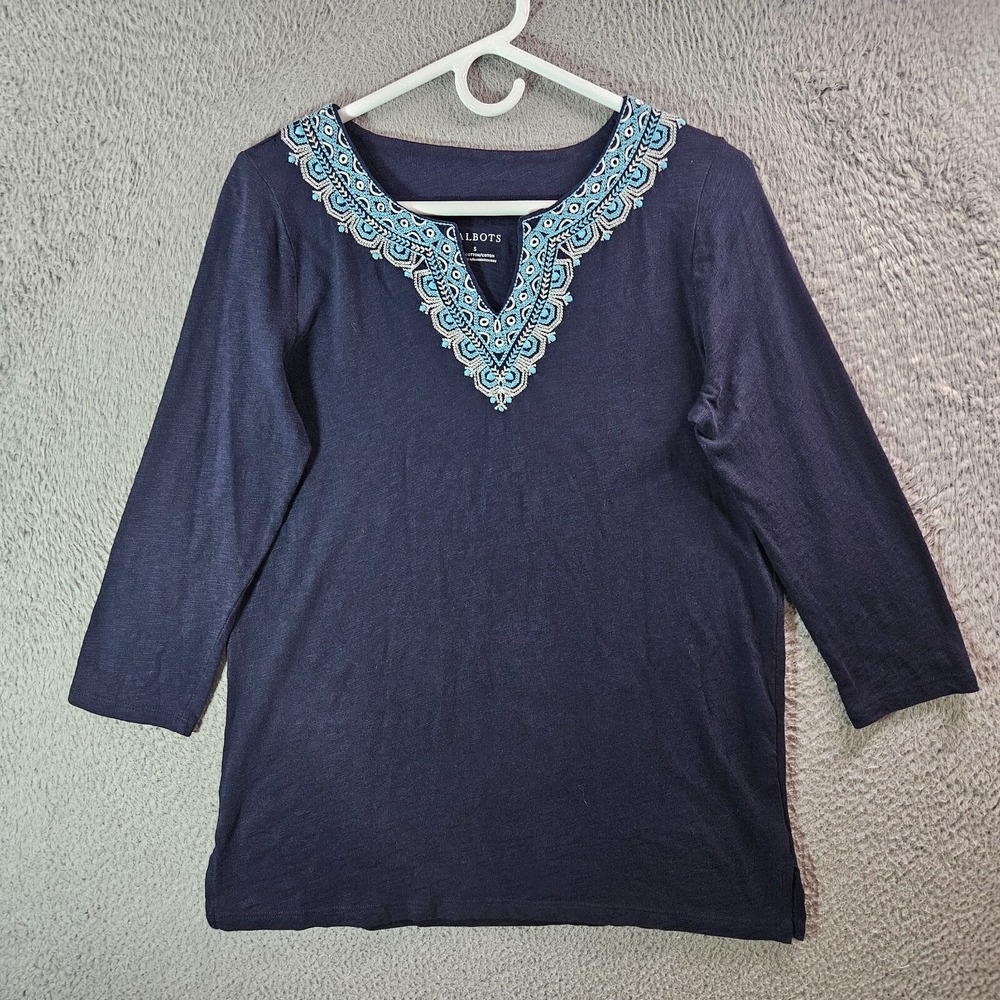 Talbots Embroidered Top Women Small Cotton Stretch Navy Blue